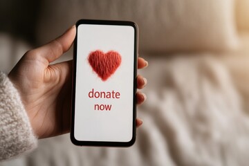Digital Charitable Engagement Hand Holding Smartphone with Donate Now Heart Graphic in Cozy Cafe Setting - Enhancing E-Charity Impact Through Mobile Tech for Urban Donors