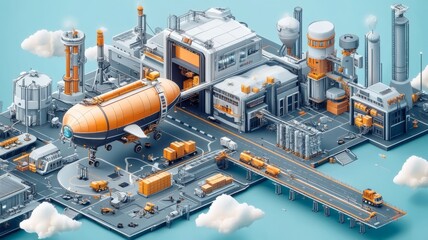 Futuristic factory with orange submarine docked, loading cargo onto trucks via bridge.