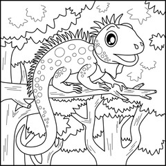 Iguana line art for coloring book with simple background