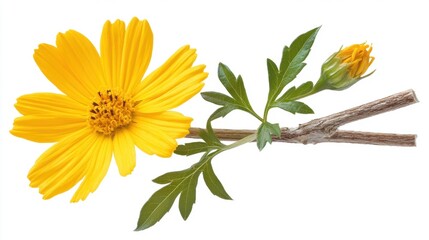 Bright Yellow Flower with Bud and Green Leaves on White Background