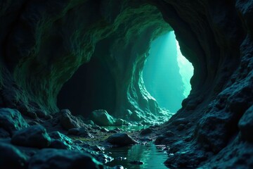 Labradorite's unique bioluminescence illuminates a dark green cave entrance, mysterious, bioluminescence