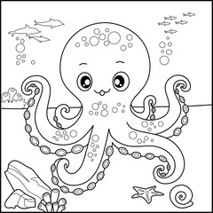 Octopus line art for coloring book with simple background