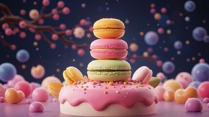 A tower of macaroons on top of a cake.