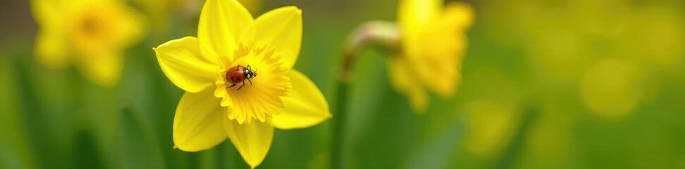 Ladybug on bright yellow daffodil flower with green stem, bees, bees butterflies ladybugs flowers daffodils spring