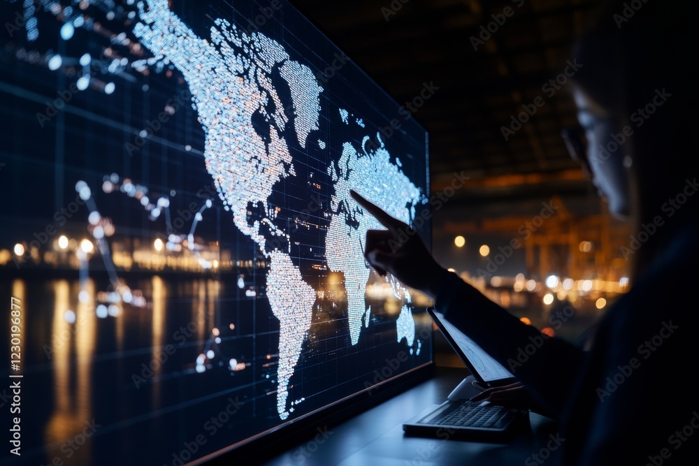 Poster futuristic logistics strategy interactive digital world map with global trade routes - diverse leade