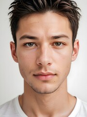 Fototapeta premium A close-up portrait of a young man with curly hair and blue eyes and looking directly at the viewer
