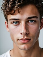 Obraz premium A close-up portrait of a young man with curly hair and blue eyes and looking directly at the viewer