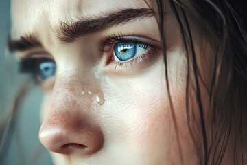 Single Tear on Young Woman s Face, Thoughtful Expression with Freckles, Blue Eyes, and Soft Focus