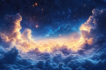 Fototapeta premium Splendid clouds illuminated by warm sunlight over a starry sky at twilight
