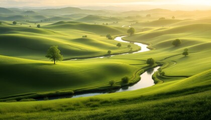 Obraz premium Serene Green Hills Landscape with Winding River