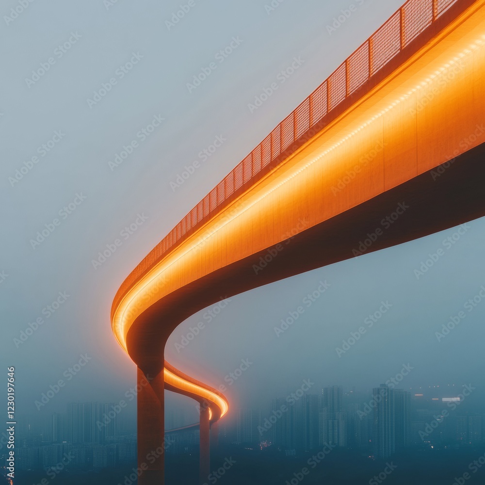 Poster luminous urban architecture led-lit bridge with foggy skyline backdrop - innovative cityscape for di