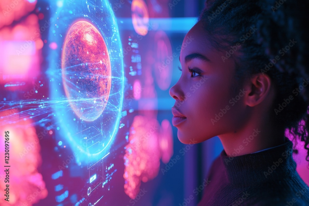 Poster neon-lit holographic exploration black female engineer in 40s with solar system interface futuristic