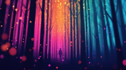 A vibrant, mystical forest scene with colorful lights illuminating the trees and a silhouette of a person walking through.