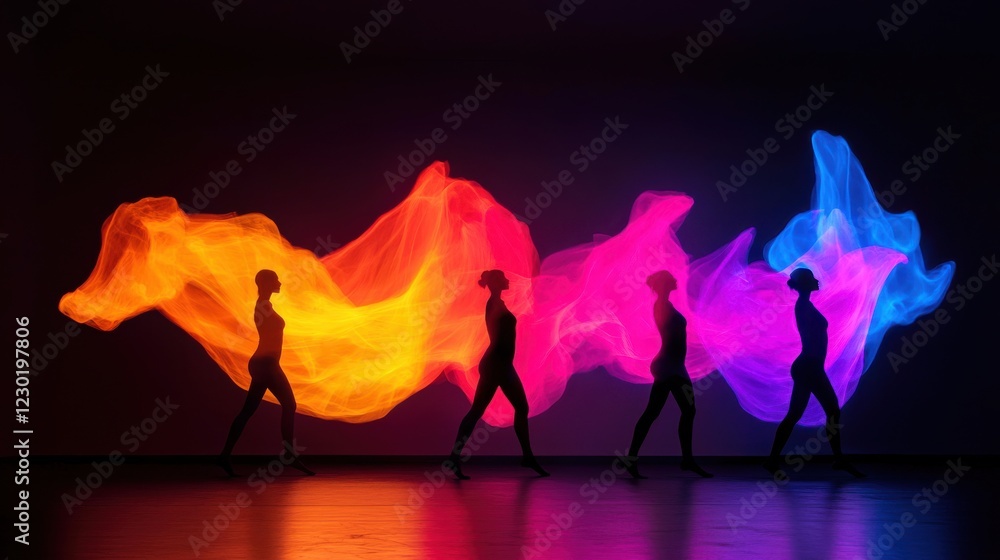 Poster silhouettes of dancers move gracefully against vibrant, flowing colors, creating a dynamic visual di