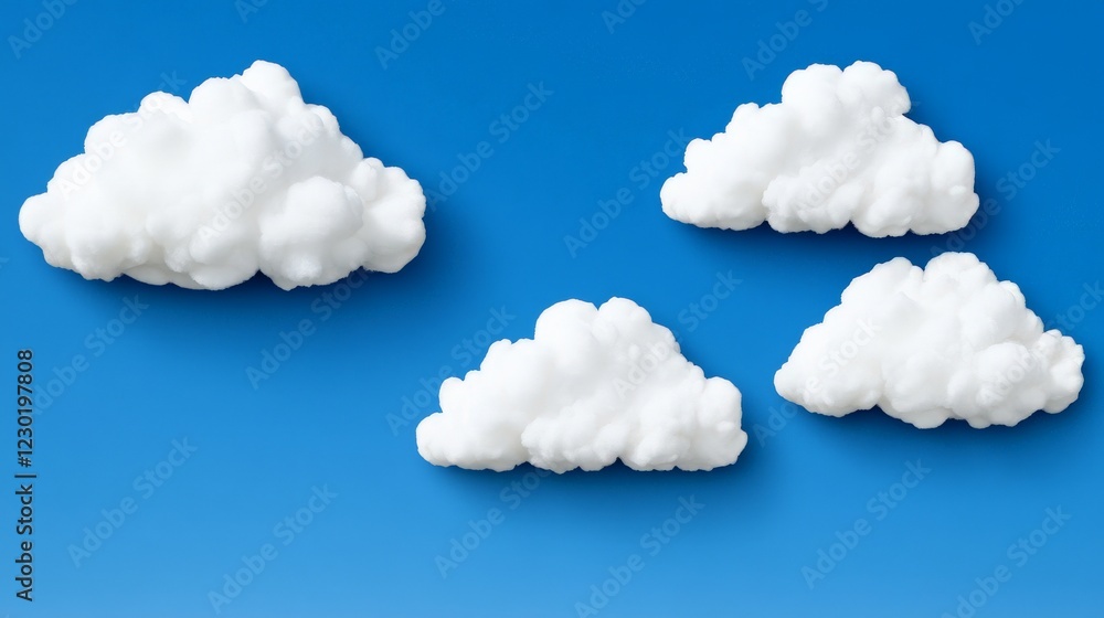 Poster floating cloudscape: four fluffy white clouds drift against a vibrant blue sky, creating a serene an