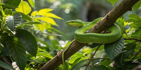 Green Snake Coiled in Nature: Candid Wildlife Photography