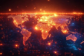 Digital map of the world illuminated with bright orange and blue lights showcasing global connections and data flow