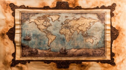 Antique World Map in Ornate Frame - Vintage Travel and Exploration