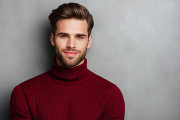 Obraz premium Portrait of a stylish man wearing a cozy turtleneck sweater, standing against a textured background, showcasing confidence and sophistication, ideal for winter fashion, lifestyle inspiration