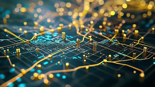 A closeup of a modern map design showcasing microfactory locations with a sleek font annotated with data points illustrating their output and impact on local commerce.
