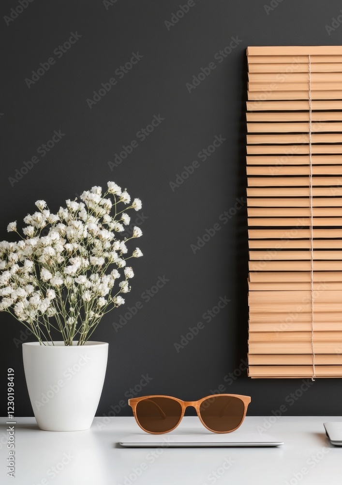 Poster contemporary workspace ergonomics minimalist desk with raised monitor and ambient lighting - enhanci