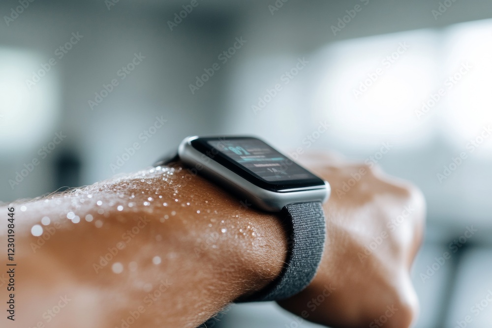 Aufkleber dynamic fitness tech modern wearable tracker on a sweat-glazed arm in sleek gym setting - advanced b