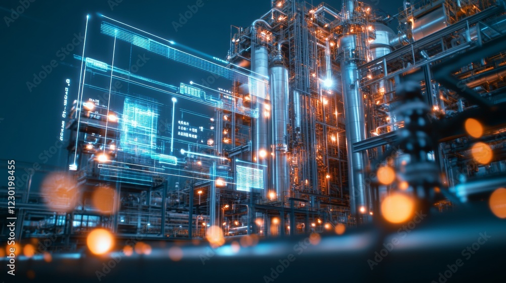 Aufkleber Cyber-Industrial Aesthetic Engineers Graphical Interface on Steel Framework in Nightscape - Cutting-Edge Field Operations and Mobile Workforce Efficiency in Energy Sector
