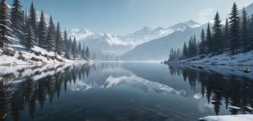Fototapeta premium Snowflakes gently falling on a serene mountain lake, snow-covered trees, snowy forest, frosty air