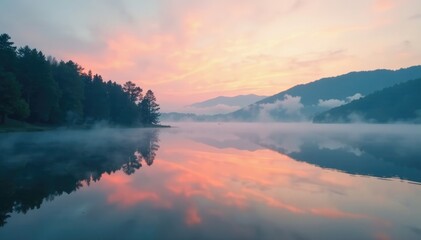 Fototapeta premium Rising plume of fog on a still lake surface at dawn, peaceful, atmosphere