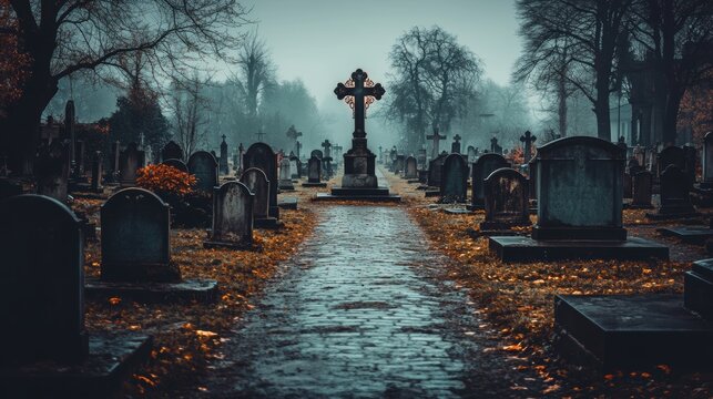 Serene Cemetery Pathway with Cross Under Misty Morning Light