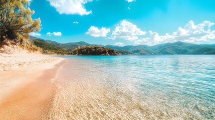 Obraz premium Stunning tropical beach with crystal clear turquoise waters and golden sand under a bright blue sky with fluffy white clouds It s an idyllic serene