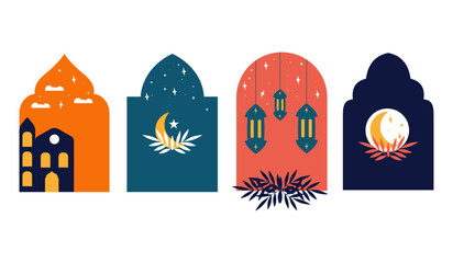 Ramadan Eid Mubarak Islamic windows. Set of oriental traditional vector illustrations