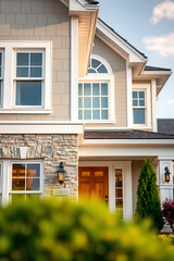 Fototapeta premium Luxury Home Exterior: Modern Architectural Design and Landscaping. Captivating view of a beautiful house, showcasing its stunning architecture, landscaping, and exterior design details.