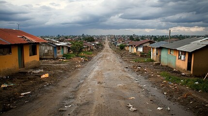 Obraz premium Struggles of daily life in urban slum nairobi documentary gritty environment wide-angle view social issues