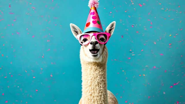 Cheerful llama wearing a party hat and pink glasses with confetti on a bright blue background. Fun and festive animal celebration concept
