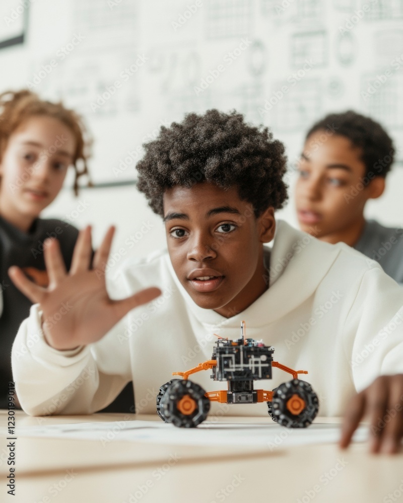 Poster interactive robotics in stem classroom enthusiastic teens presenting advanced tech project for educa