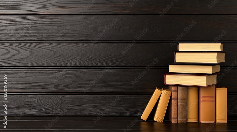 Poster stack of books on dark wood: a visually appealing stack of books, varying in age and color, sits aga