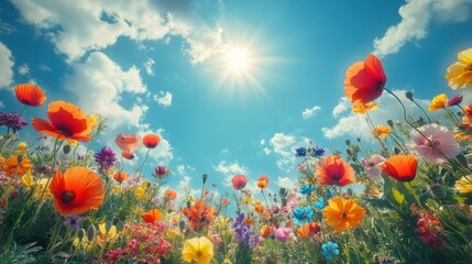 Obraz premium Bright Colorful Wildflowers Under Clear Blue Sky and Sunlight