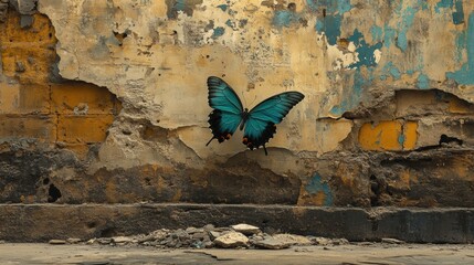 Vlies Fototapete Vibrant Blue Butterfly Against Grungy Urban Wall Background