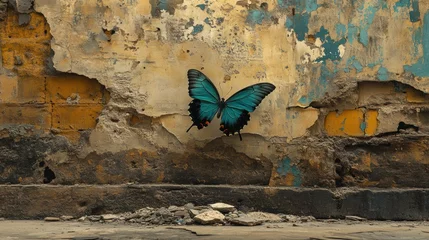 Vibrant Blue Butterfly Against Grungy Urban Wall Background