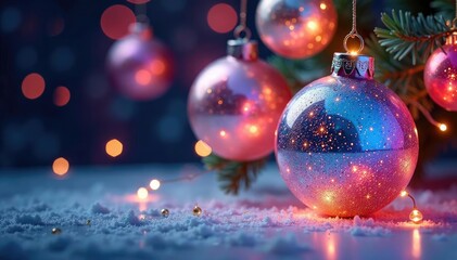 Obraz premium Iridescent orbs suspended in mid-air amidst swirling snowflakes and twinkling lights, ornaments, decor, colorful