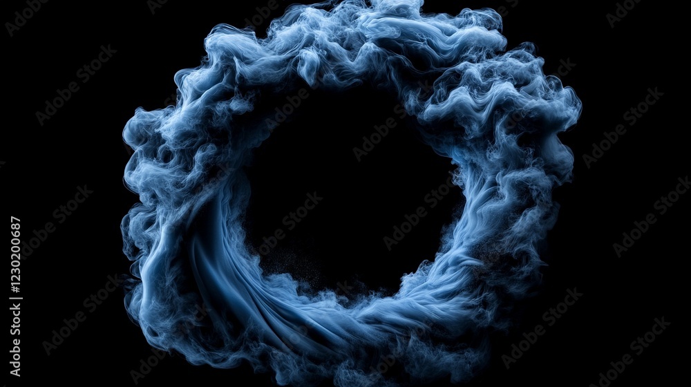 Poster blue smoke ring: an abstract image featuring a swirling ring of blue smoke against a stark black bac