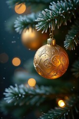 Shimmering golden ornament glows on frosted branch with frozen greenery, festive atmosphere, peaceful decoration, frosty charm