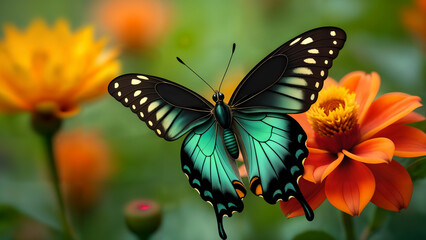 An Enchanting Display of the Emerald Swallowtail Butterfly (Papilio palinurus) in a Colorful Tropical Flower Garden, Showcasing Nature's Beauty