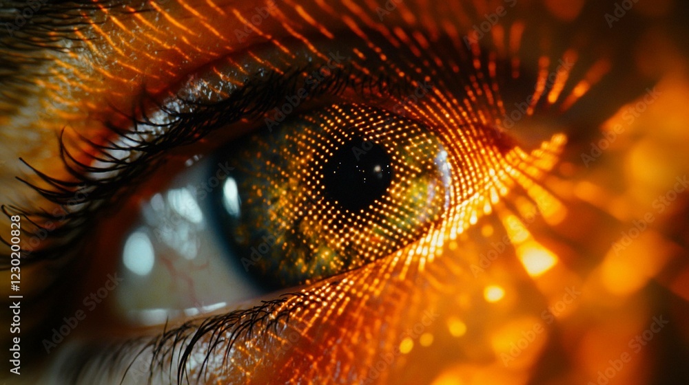 Poster close-up view of a human eye illuminated by a grid of laser patterns creating a striking visual effe
