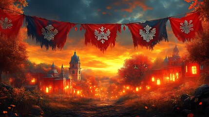 Tattered Banners Over Autumnal Town at Sunset