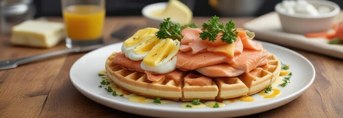 Keto waffle plate with salmon, egg, and cheese , food, egg