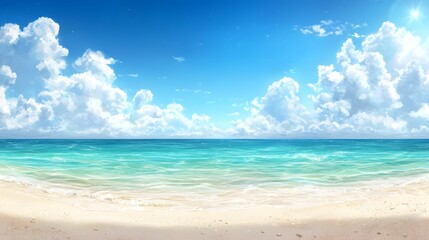 Fototapeta premium Breathtaking tropical beach paradise with serene turquoise ocean azure skies and fluffy white clouds A tranquil and idyllic scene perfect for vacation relaxation and escape from the everyday