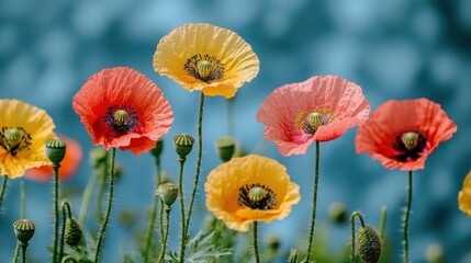 Obraz premium Vibrant Poppies in Shades of Red, Yellow Against a Soft Blue Background