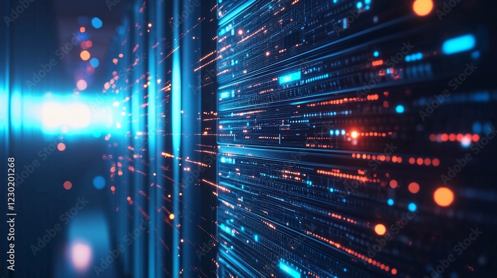 Poster impressive visual of a server room with illuminated data lines flowing through racks of equipment at